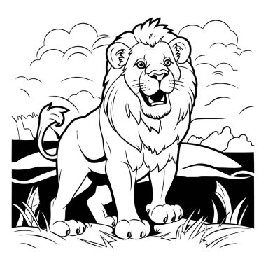 Siyah ve Beyaz Çizgi Film Renklendirme Kitabı Aslan Hayvanı