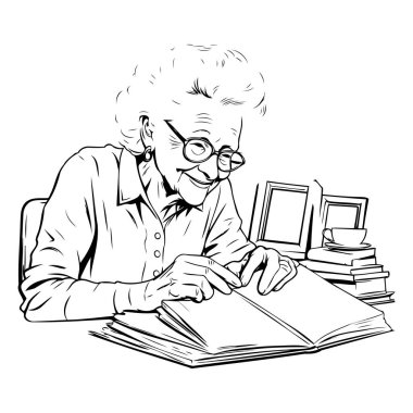 Kitap okuyan yaşlı bir kadın. Siyah beyaz vektör illüstrasyonu.