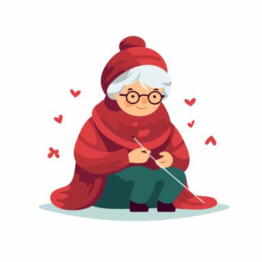 Yerde oturan yaşlı kadın vektör illüstrasyonu örüyor.