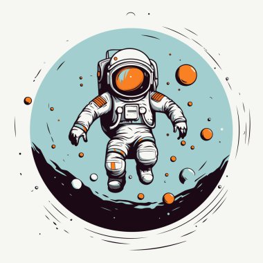 Uzayda bir astronot. Çizgi film tarzında elle çizilmiş vektör çizimi.