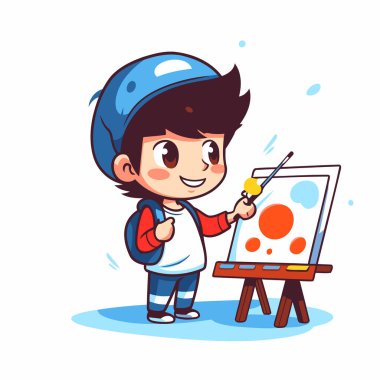 Şövalede resim yapan şirin bir okul çocuğu. Vektör illüstrasyonu.