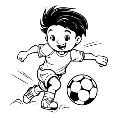 Futbol oynayan çocuk - boyama kitabı için siyah-beyaz vektör çizimi.