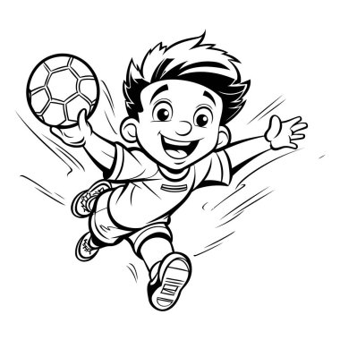 Çizgi filmdeki futbolcu zıplıyor ve topa vuruyor. Vektör illüstrasyonu.