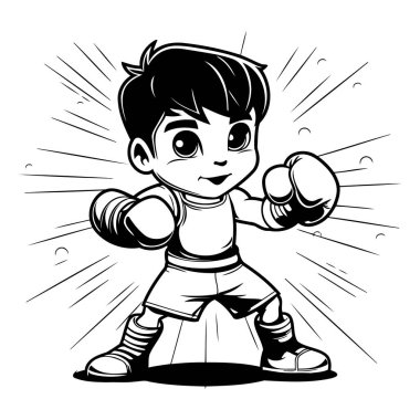 Boks eldivenli boksör çocuk. Siyah ve beyaz vektör çizimi.