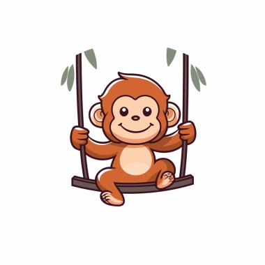 Beyaz arka planda salıncak vektörü illüstrasyonunda sevimli çizgi film maymunu