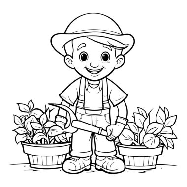 Siyah ve Beyaz Bahçıvan Çocuk Çizimi ya da Renklendirme Kitabı İçin Saksı Bitkileri Karakteri