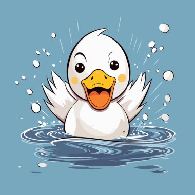 Suda yüzen sevimli ördek. Bir çizgi film karakterinin vektör illüstrasyonu.