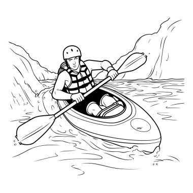 Nehirde kano süren bir adam. Siyah ve beyaz vektör çizimi.