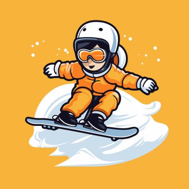 Snowboardcu. Turuncu takım elbiseli ve kasklı bir snowboardcunun vektör çizimi.