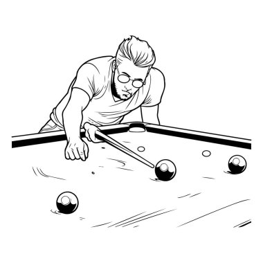 Bilardo oynayan adam. Bilardo oynayan bir adamın siyah beyaz vektör çizimi.