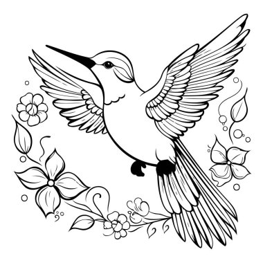 Bir sinekkuşu ve çiçeklerle boyama sayfası. Vektör illüstrasyonu.