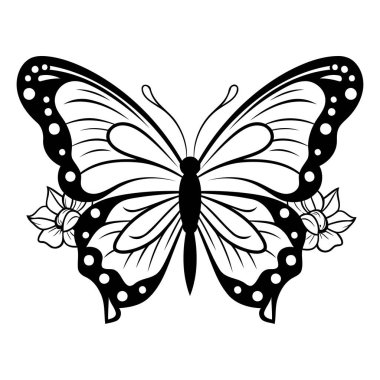 Çiçekli kelebek. Beyaz arkaplanda izole edilmiş siyah ve beyaz vektör çizimi.