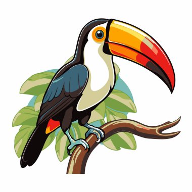 Bir dalda oturan bir Toucan. Vektör illüstrasyonu beyaz arkaplanda izole edildi.
