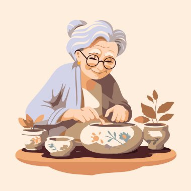 Çömlek yapan yaşlı bir kadın. Çizgi film tarzında vektör illüstrasyonu