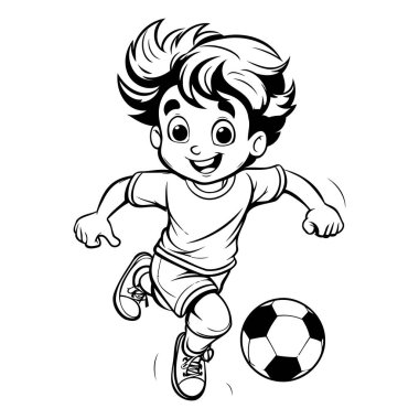 Küçük çocuk futbol oynuyor. Tasarımın için çizim. Vektör illüstrasyonu.