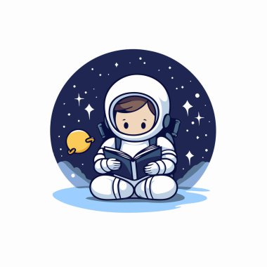 Astronot ay ışığında kitap okuyor. Vektör illüstrasyonu.