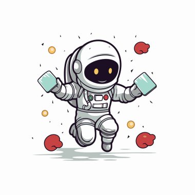 Astronot iki dambılla koşuyor. vektör illüstrasyonu.