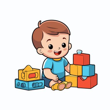 Beyaz arka planda oyuncaklarla oynayan sevimli küçük çocuk. Renkli tasarım. vektör illüstrasyonu