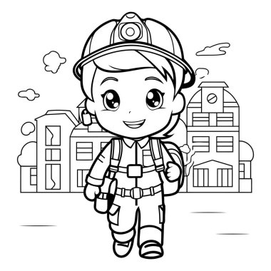 Siyah ve Beyaz Çizgi Film Çizgi Filmi Sevimli Küçük İtfaiyeci Ya da Renkli Kitap için İtfaiyeci Karakteri