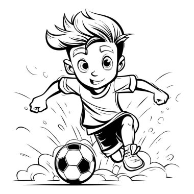 Futbolcu topa vuruyor - siyah ve beyaz vektör illüstrasyonu.