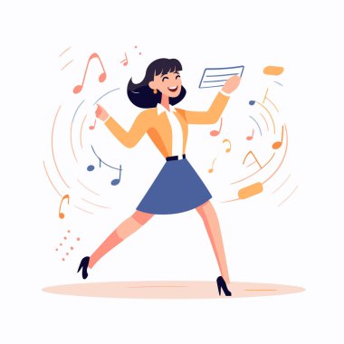 Takım elbiseli genç bir kadın notlarla dans ediyor. Düz vektör illüstrasyonu.