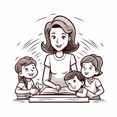 Anne ve çocuklar kitap okuyor. Kitap okuyan mutlu bir ailenin vektör çizimi.
