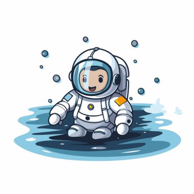 Suda bir astronot. Şirin çizgi film vektör illüstrasyonu.