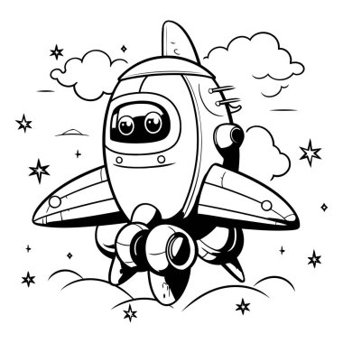 Gökyüzünde Uçan Roket Çizgi Roman Karakterinin Siyah ve Beyaz Çizgi Filmi