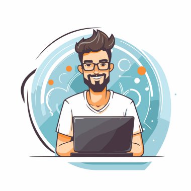 Elinde laptop olan genç bir adam. Düz vektör illüstrasyonu.