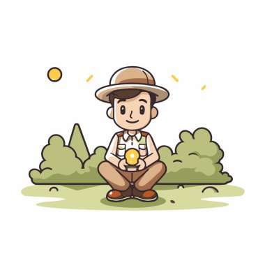 Bir çizgi film kaşifinin vektör çizimi çimlerin üzerinde oturuyor ve elinde bir el feneri tutuyordu.