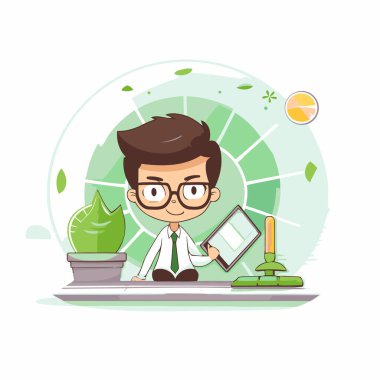 Ofiste tablet bilgisayar kullanan bir iş adamı. Vektör çizgi film karakteri çizimi.