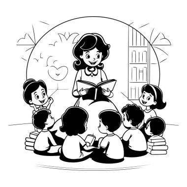Öğretmen çocuklara kitap okuyor. Siyah ve beyaz vektör çizimi.