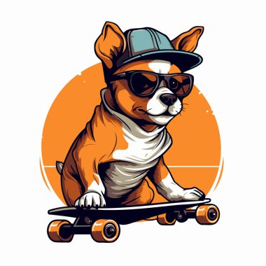 Güneş gözlüklü ve kaykaylı şirin bir köpek. Vektör illüstrasyonu.