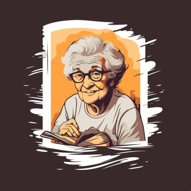 Kitap okuyan yaşlı bir kadın. Kitap okuyan yaşlı bir kadının vektör çizimi.