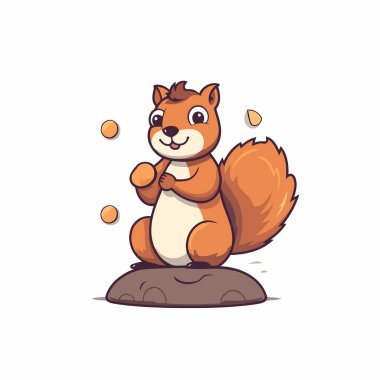 Kayanın üzerinde oturan sevimli sincap. Vektör illüstrasyonu beyaz arkaplanda izole edildi.