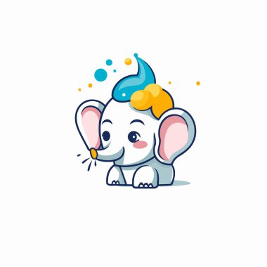 Parti şapkalı şirin bir çizgi film fili. Vektör illüstrasyonu beyaz arkaplanda izole edildi.