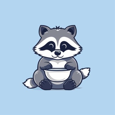 Şirin rakun elinde süt kasesiyle oturuyor. Vektör illüstrasyonu.