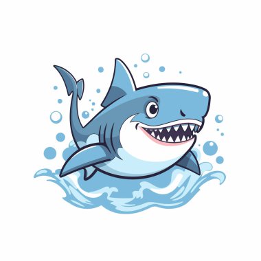 Suda şirin bir karikatür köpekbalığı. Vektör illüstrasyonu beyaz arkaplanda izole edildi.