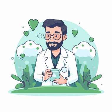 Elinde bir fincan kahve olan bir doktorun vektör çizimi..