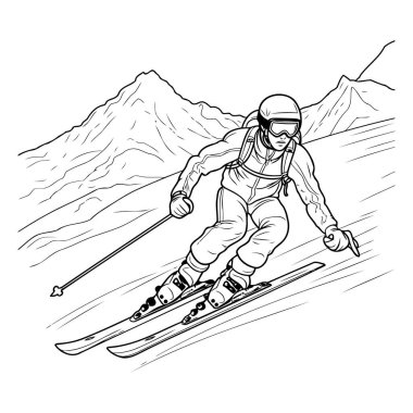 Kayak yapıyorum. Kayakçı yokuş aşağı kayıyor. Siyah ve beyaz vektör çizimi.