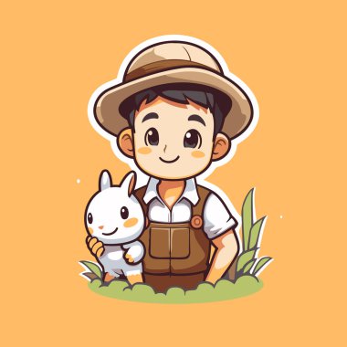 Tavşan ve Tavşan Tutan Sevimli Küçük Çocuğun Çizimi