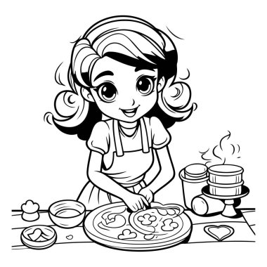Tatlı kız pizza pişiriyor. boyama kitabı için siyah ve beyaz vektör çizimi
