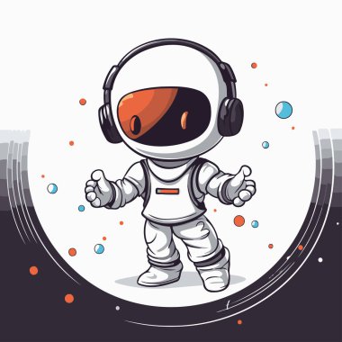 Astronot kulaklıkla müzik dinliyor. Vektör çizgi film illüstrasyonu.