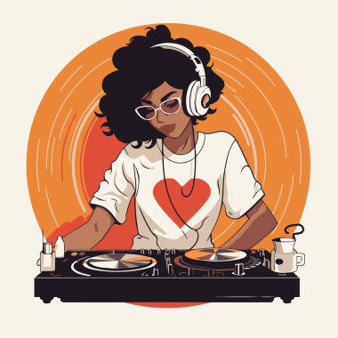 Pikapta müzik çalan Afrikalı Amerikalı kadın DJ. Vektör illüstrasyonu