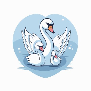 Kuğu ailesi suda. Düz biçimli vektör illüstrasyonu.