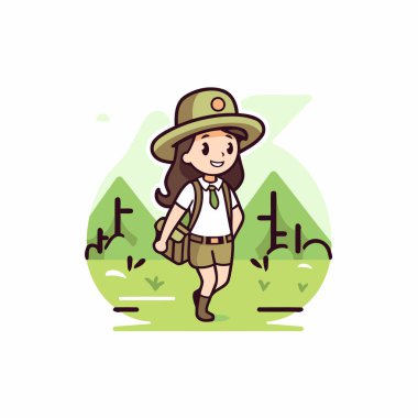 Sırt çantası ve şapkası olan bir izci. Çizgi film tarzında vektör illüstrasyonu.