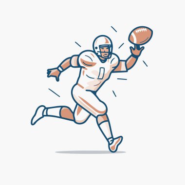 Amerikan futbolcu topla koşuyor. Çizgi film tarzında vektör illüstrasyonu.