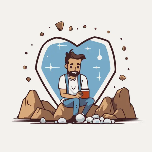 Homme Hippie Buvant Café Dans Les Montagnes Illustration Vectorielle — Image vectorielle