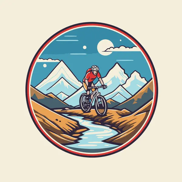 Mountainbiker Fahren Auf Dem Gebirgsfluss Vektor Illustration Retro Stil — Stockvektor