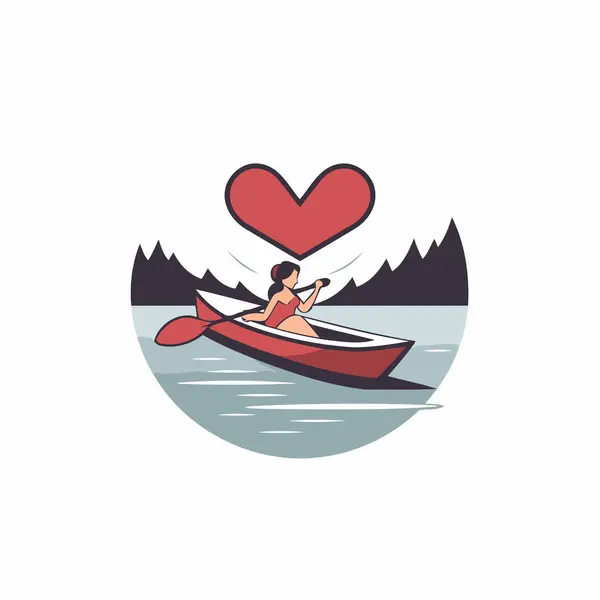 Mann Einem Boot Mit Herz Auf Dem Hintergrund Des Sees — Stockvektor